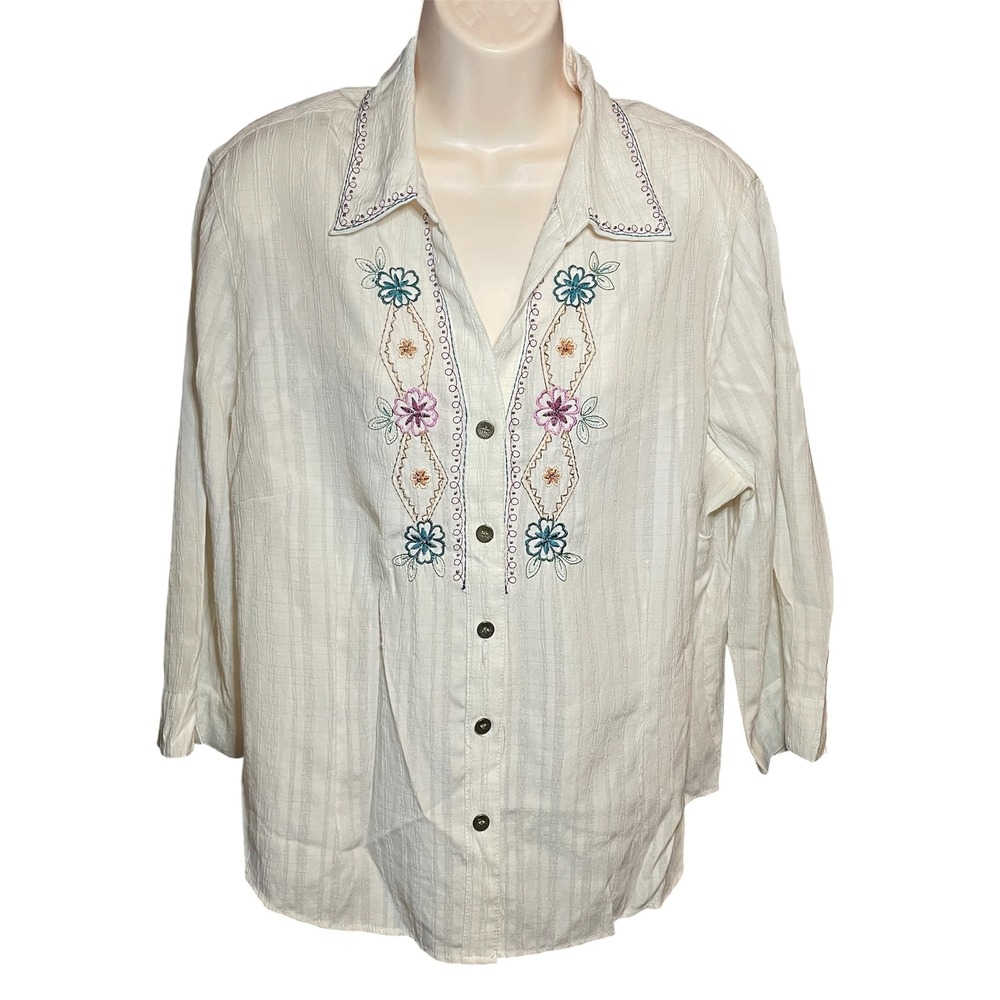 Alfred Dunner Petite 14P Ivory Embroidered Floral Textured Button Up Blouse 3/4‎